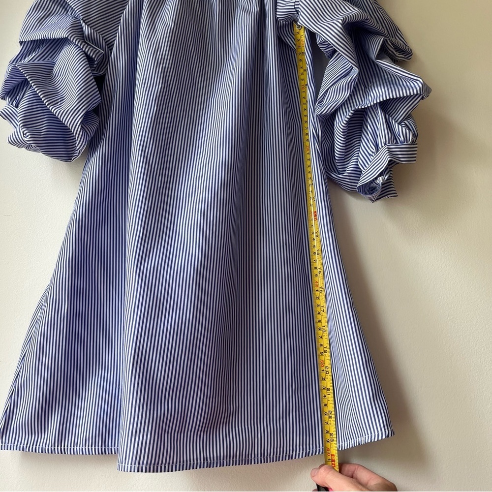 Ruffle Sleeve Off Shoulder mini dress Blue White Stripe Cotton Blend M - Picture 8 of 10